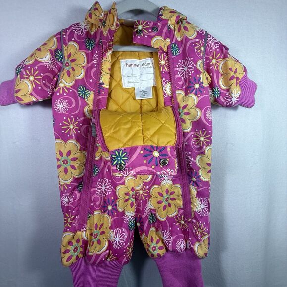 Hanna Andersson Pink Floral Hooded Lined Zipper Baby Snowsuit Size 60 US 3-6 M - Picture 6 of 10